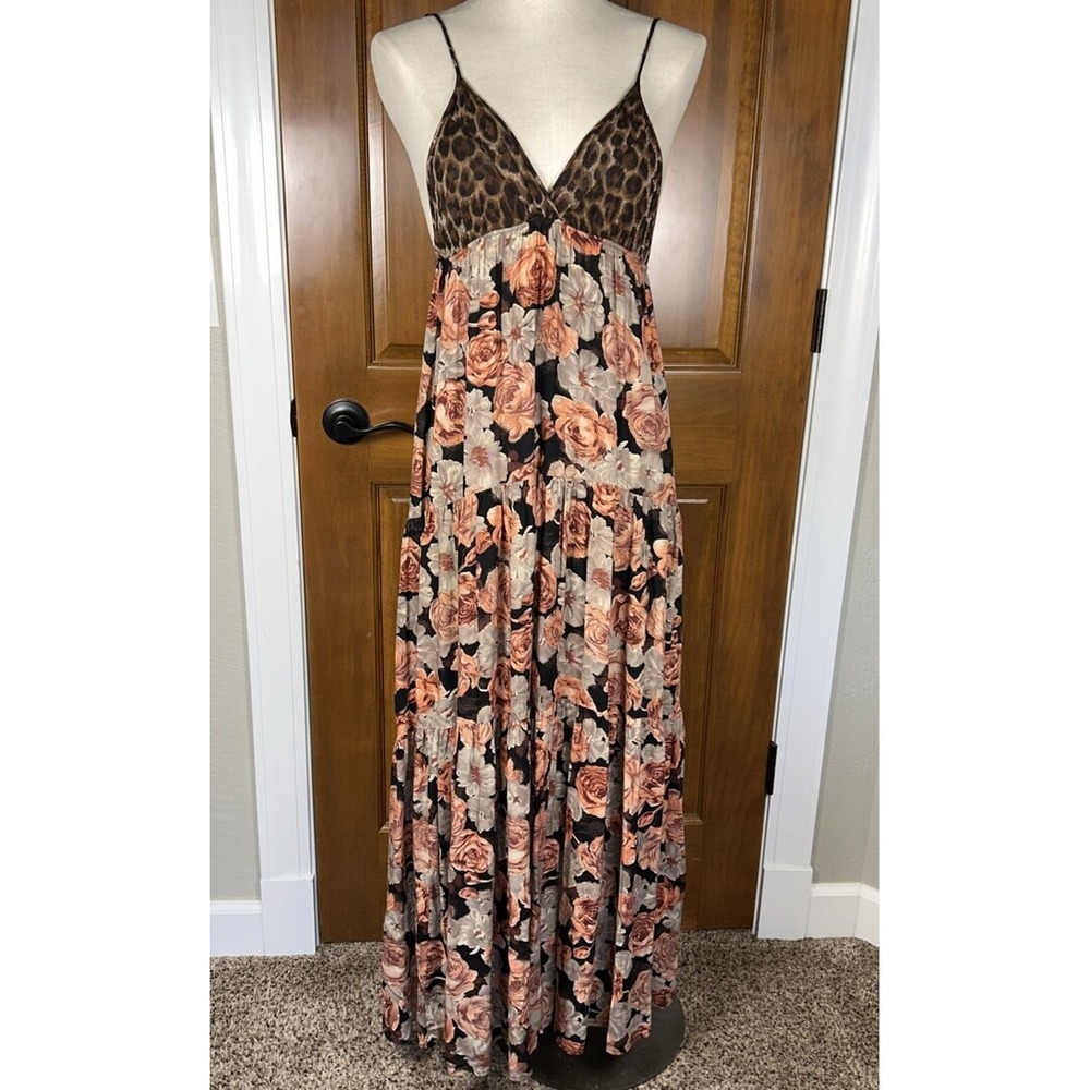 Blu Moon Drop Waist Spaghetti Strap Maxi Dress Leopard Floral Boho USA Sz 2